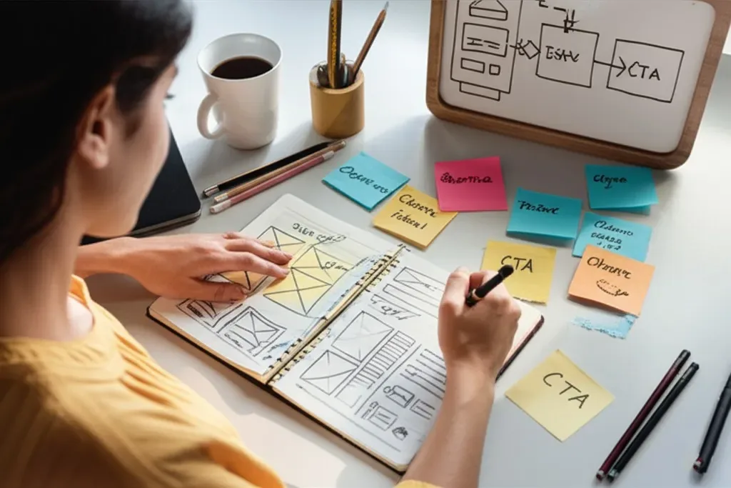 cómo planear un sitio web profesional — emprendedora trazando bocetos y objetivos de su página web