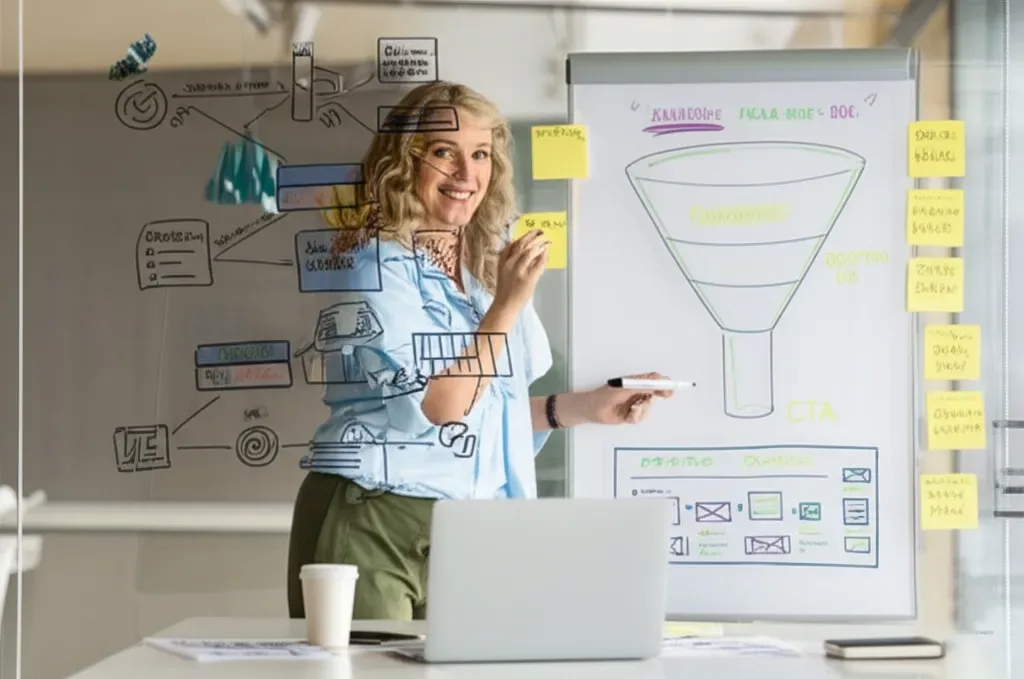 Cómo planear un sitio web profesional que atraiga clientes 2 cómo planear un sitio web profesional — mujer señalando pizarra con esquema de sitio y estructura de contenidos